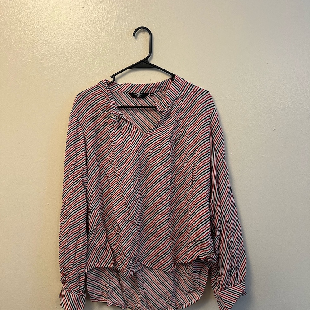 Striped V-Neck Blouse - Red and White